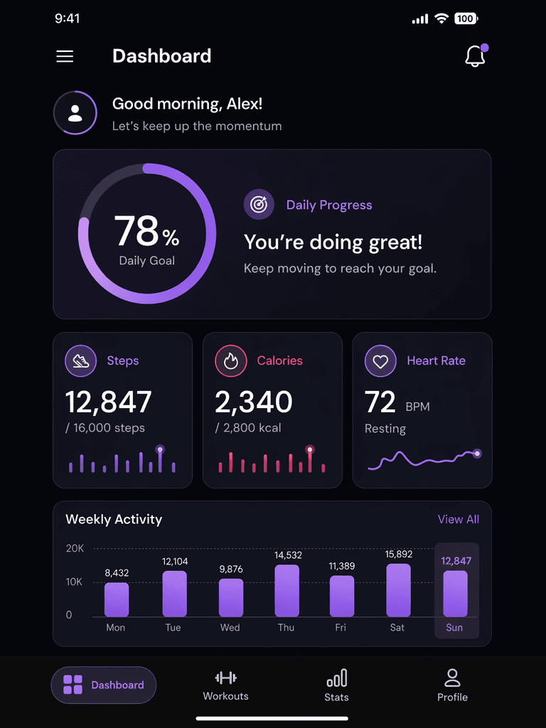 A pixel-perfect recreation of a mobile fitness app UI with navigation bar, progress charts, and workout cards
