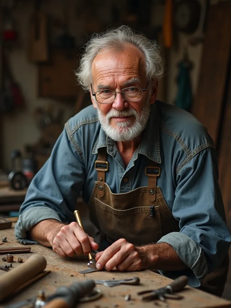 Hyperrealistic portrait of an elderly craftsman in his workshop