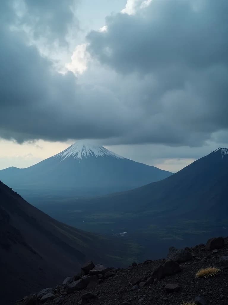 Dramatic landscape of volcanic mountains under stormy skies
