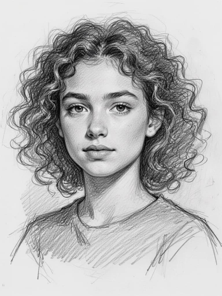 Quick portrait sketch of a young woman with curly hair