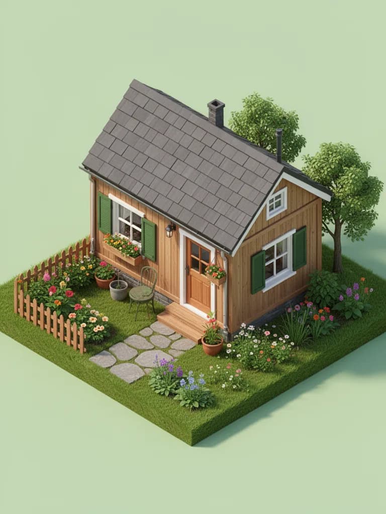 Isometric illustration of a tiny house with garden