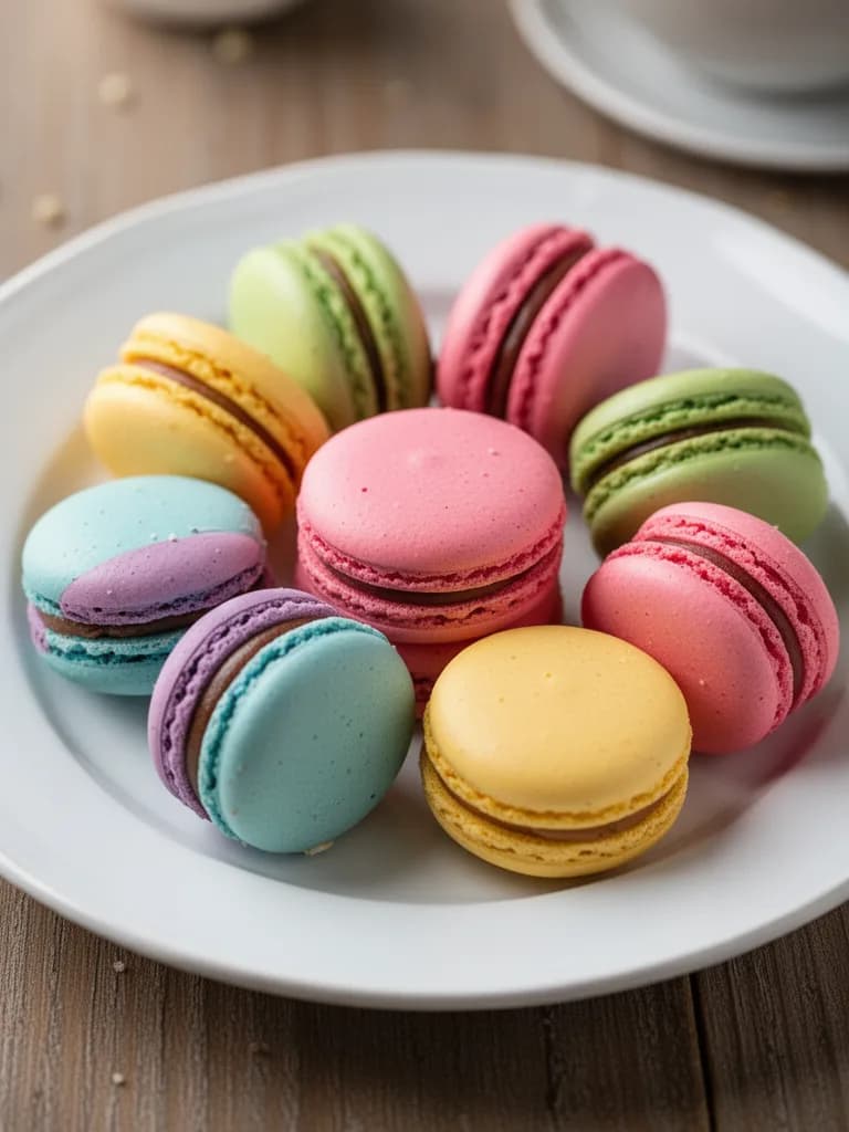 Food photography of colorful macarons on a plate