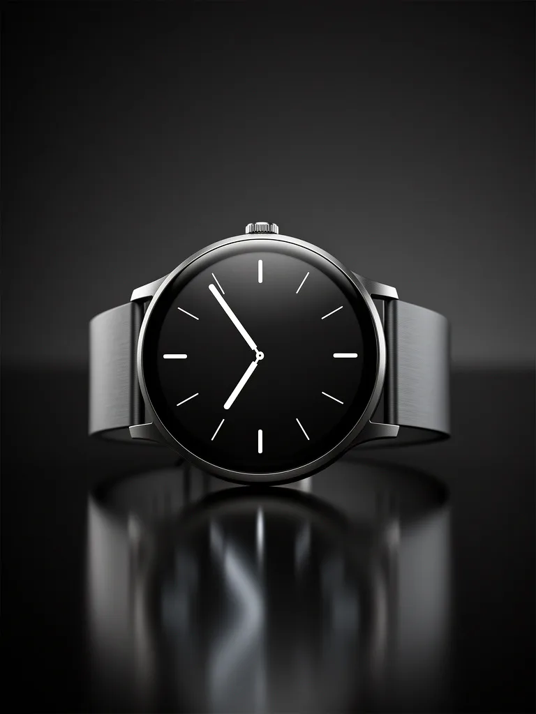 Product render of a smartwatch on a reflective surface