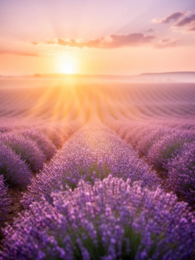 Dreamy landscape of a lavender field under golden hour sky