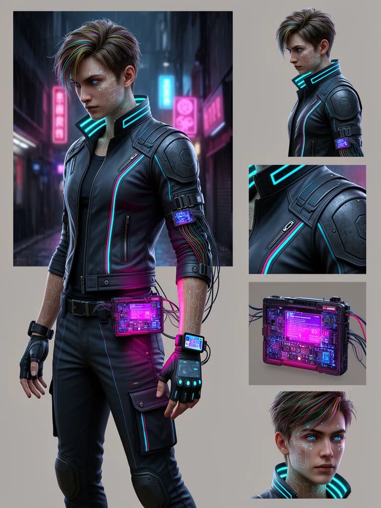 Character design of a cyberpunk hacker with neon accents