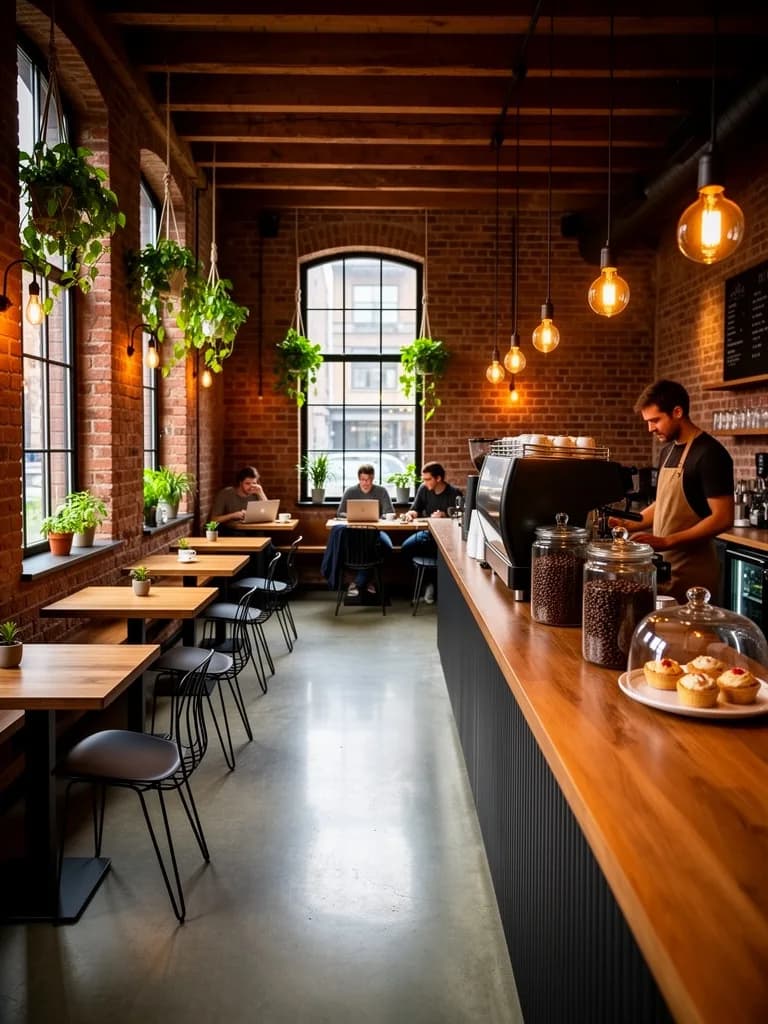 Interior photography of a modern café with exposed brick walls