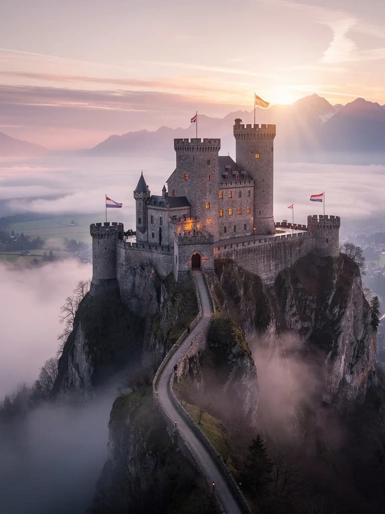 Cinematic wide shot of a medieval castle on a cliff at dawn