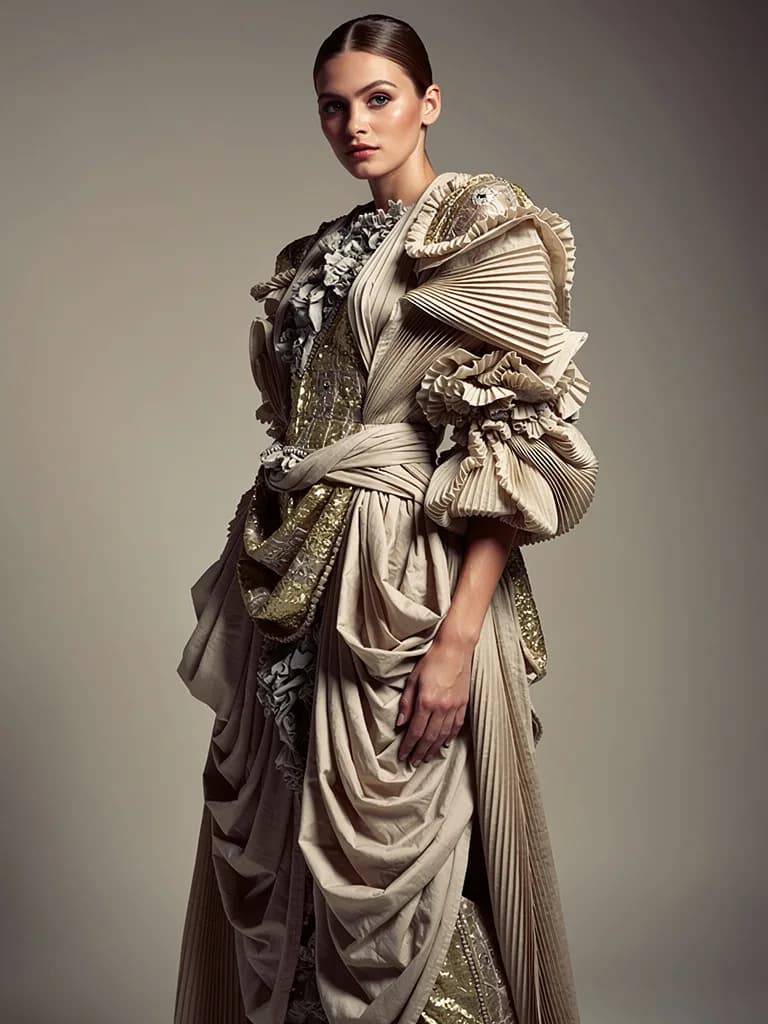 Editorial fashion photo with complex fabric textures and folds