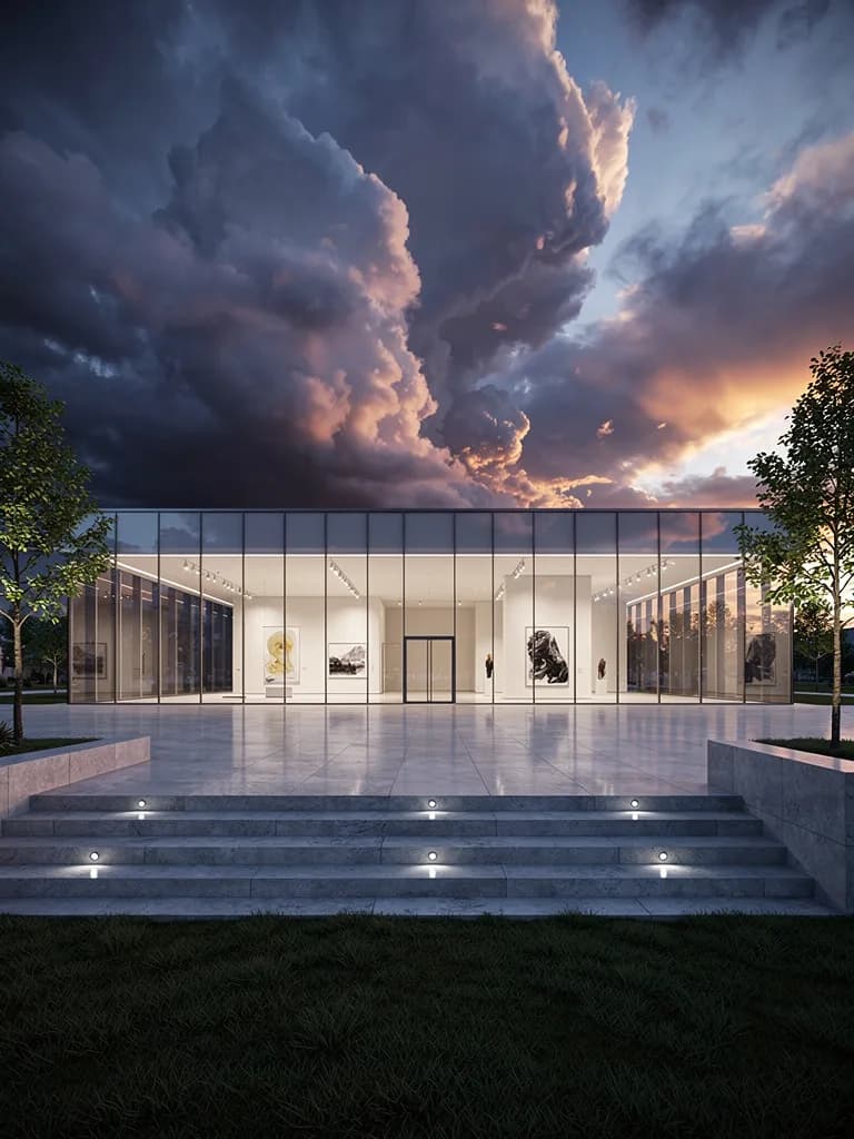 Architectural render of a glass museum with dramatic sky