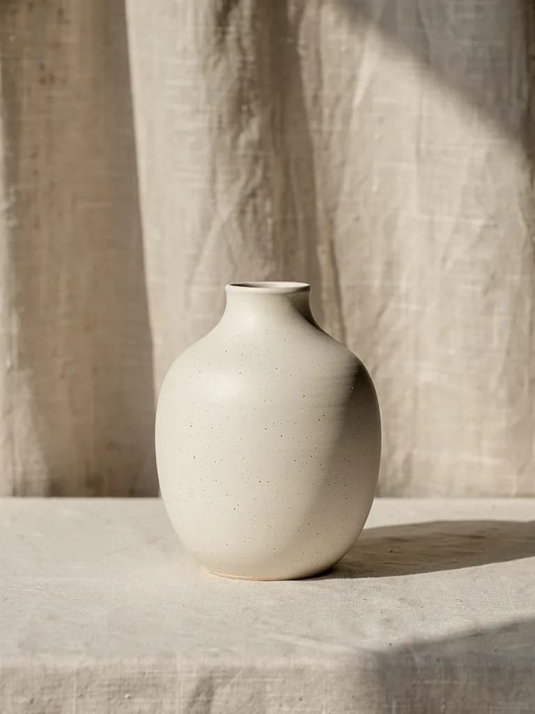 Minimalist product shot of a ceramic vase against a linen backdrop