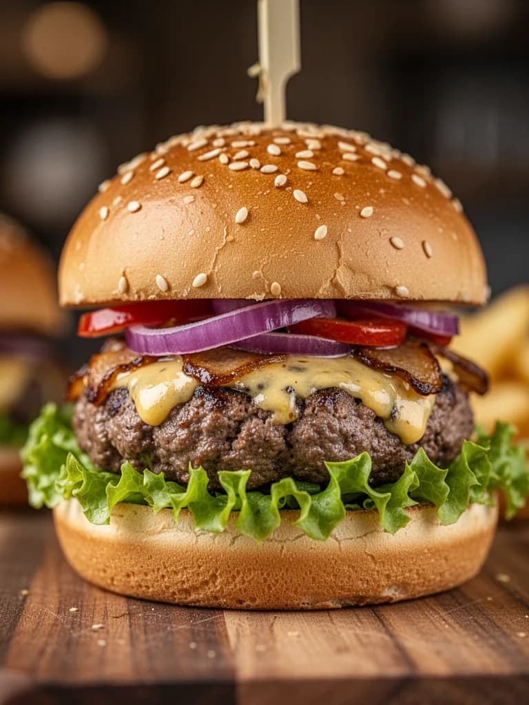 Food photography of a gourmet burger, close-up with depth blur