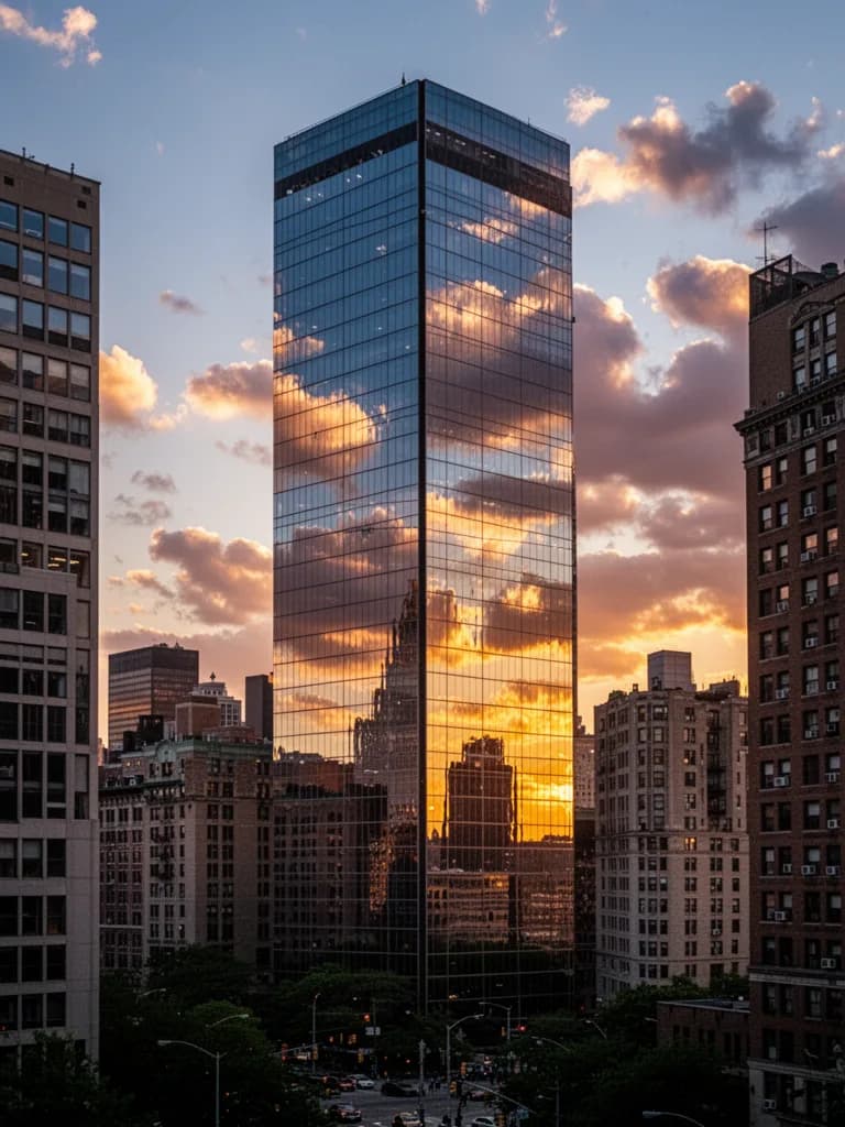 Urban landscape of a glass skyscraper reflecting sunset clouds