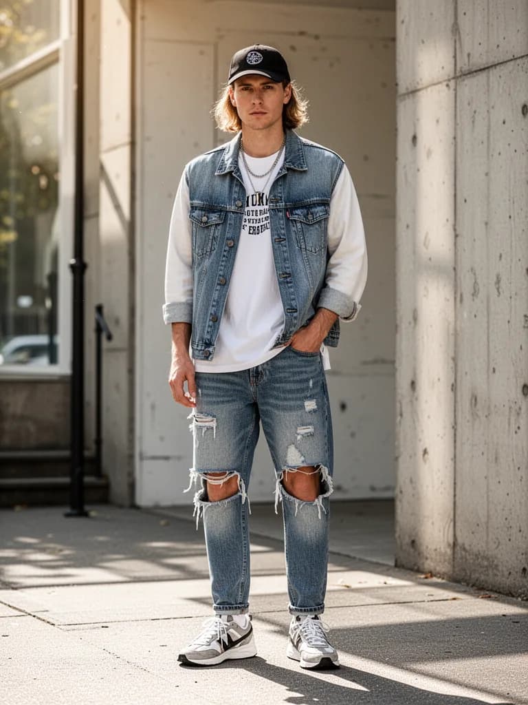 Fashion lookbook shot of casual streetwear, natural daylight