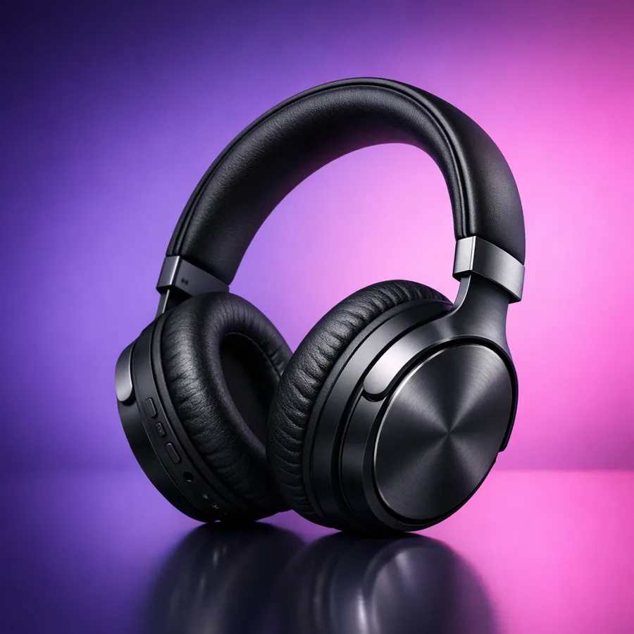 Product photography of sleek headphones on a gradient background, studio lighting