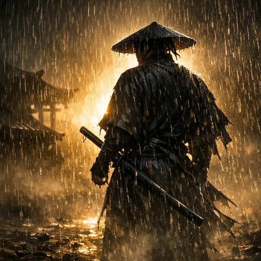 Dramatic cinematic scene of a samurai standing in rain, backlit