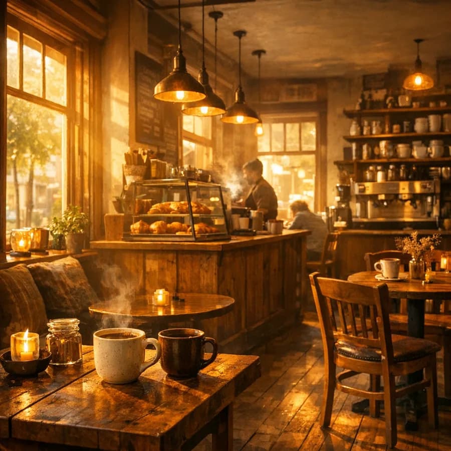 Cozy coffee shop interior with warm morning light streaming through windows