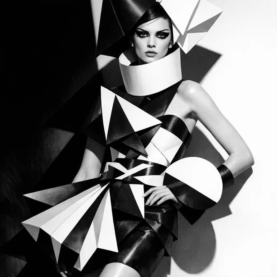 Fashion editorial of model in an avant-garde geometric outfit, high contrast