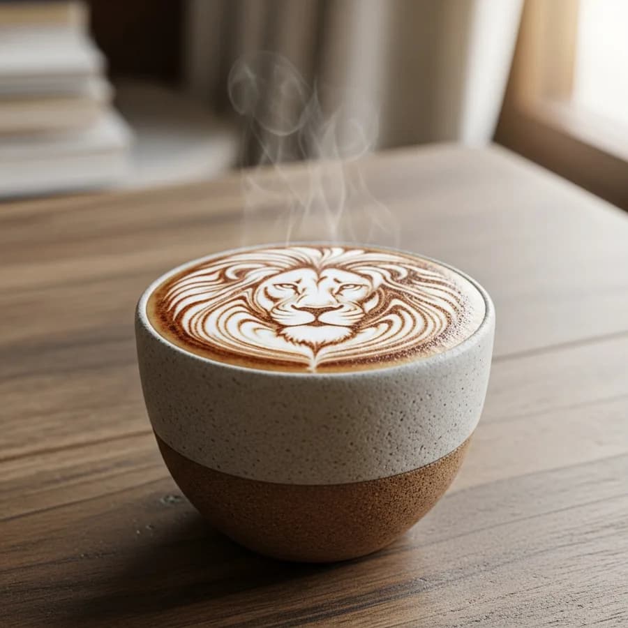 Product shot of an artisan coffee cup with intricate latte art