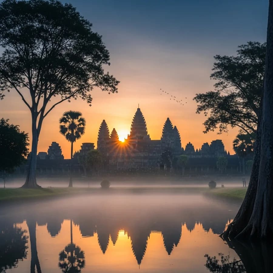 Cinematic wide shot of an ancient temple at sunrise with mist