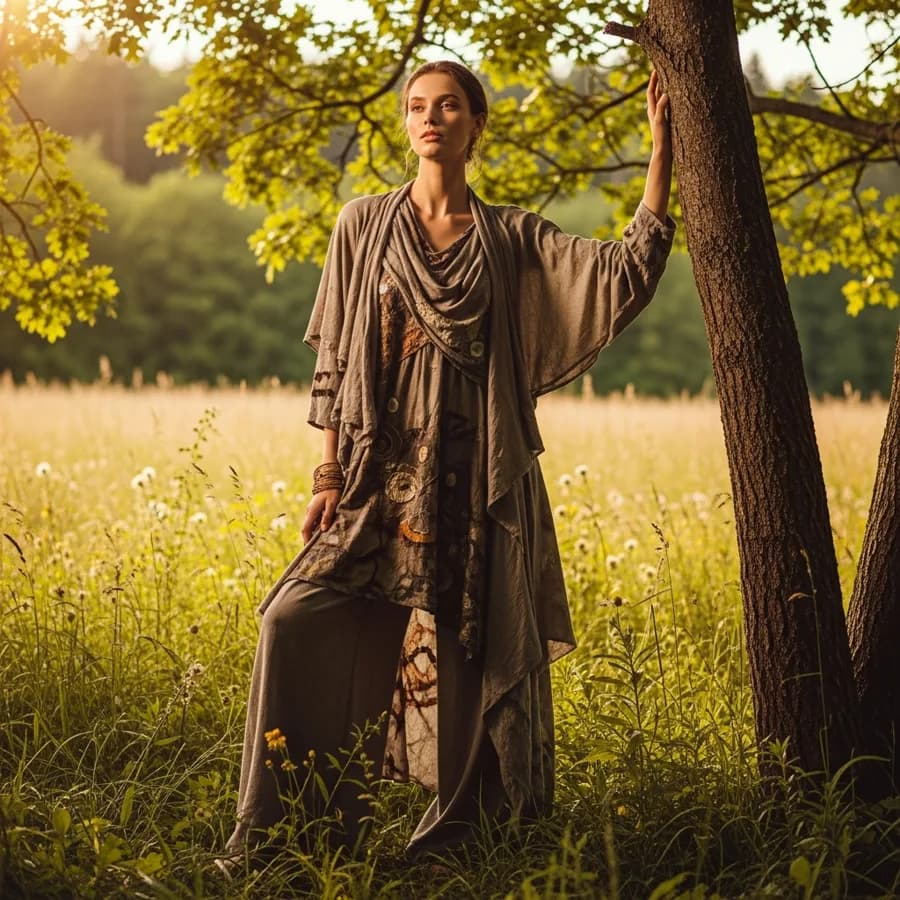 Fashion editorial with model in sustainable eco-fashion, outdoor setting