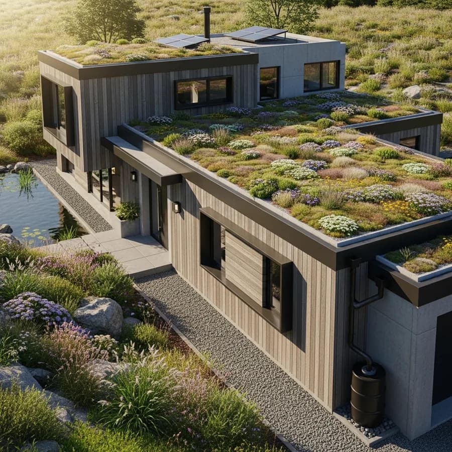 Architectural render of a modern eco-friendly home with living roof