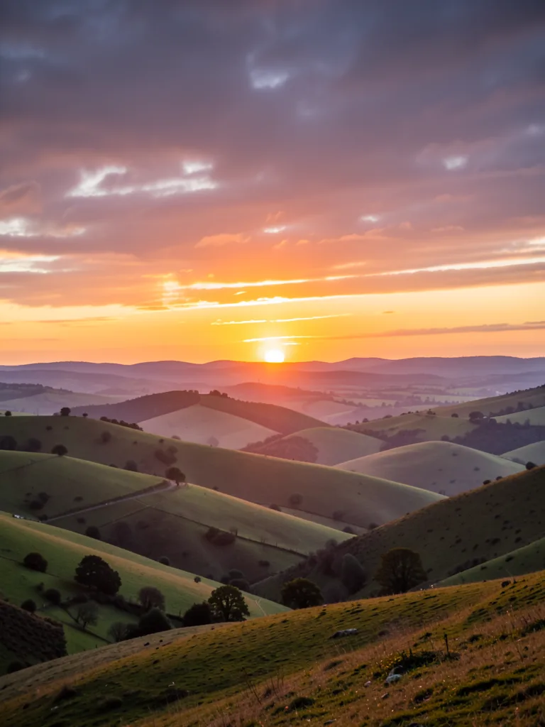 Landscape of rolling hills with a sunset