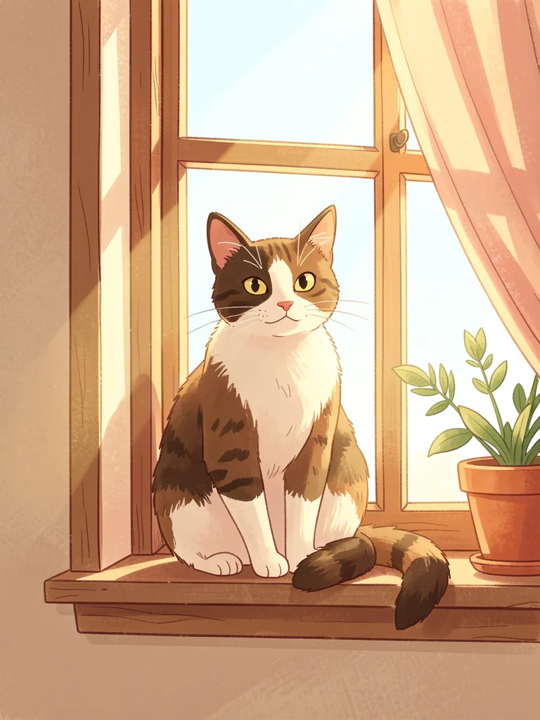 Illustration of a cat sitting in a sunny window