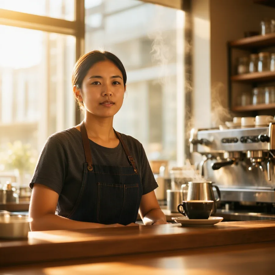 Photoreal portrait of a barista behind a sunlit espresso bar, steam catching the light