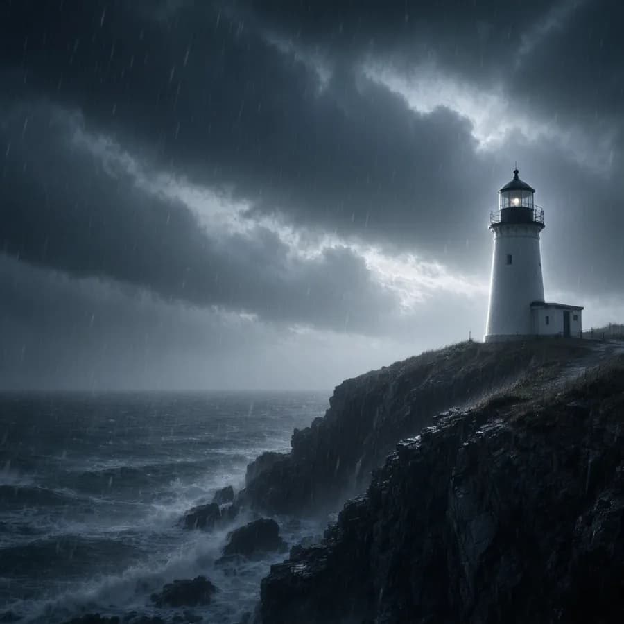 A lighthouse on a cliff during a storm, dramatic rim lighting through rain