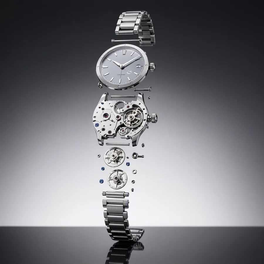 Studio shot of a mechanical watch exploded into floating components, precise reflections
