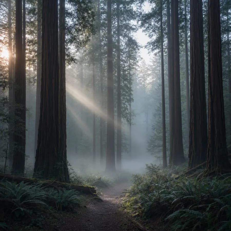 Foggy redwood forest with volumetric god rays at dawn
