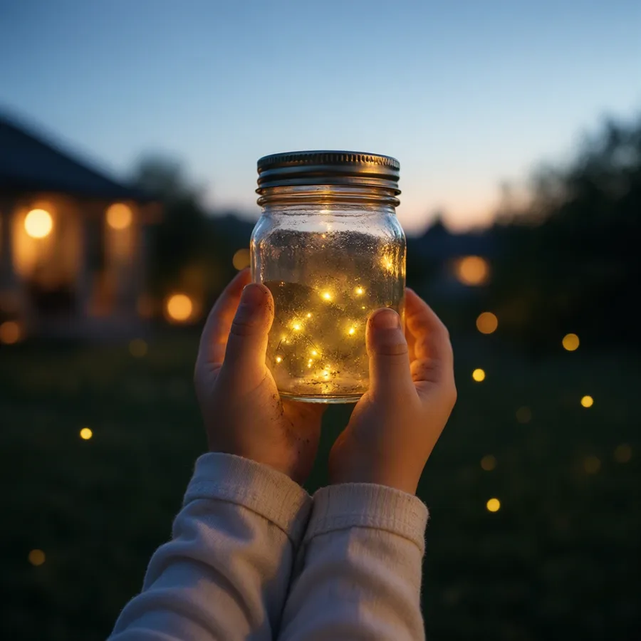 A child's hands holding a jar of fireflies at dusk, warm bokeh background