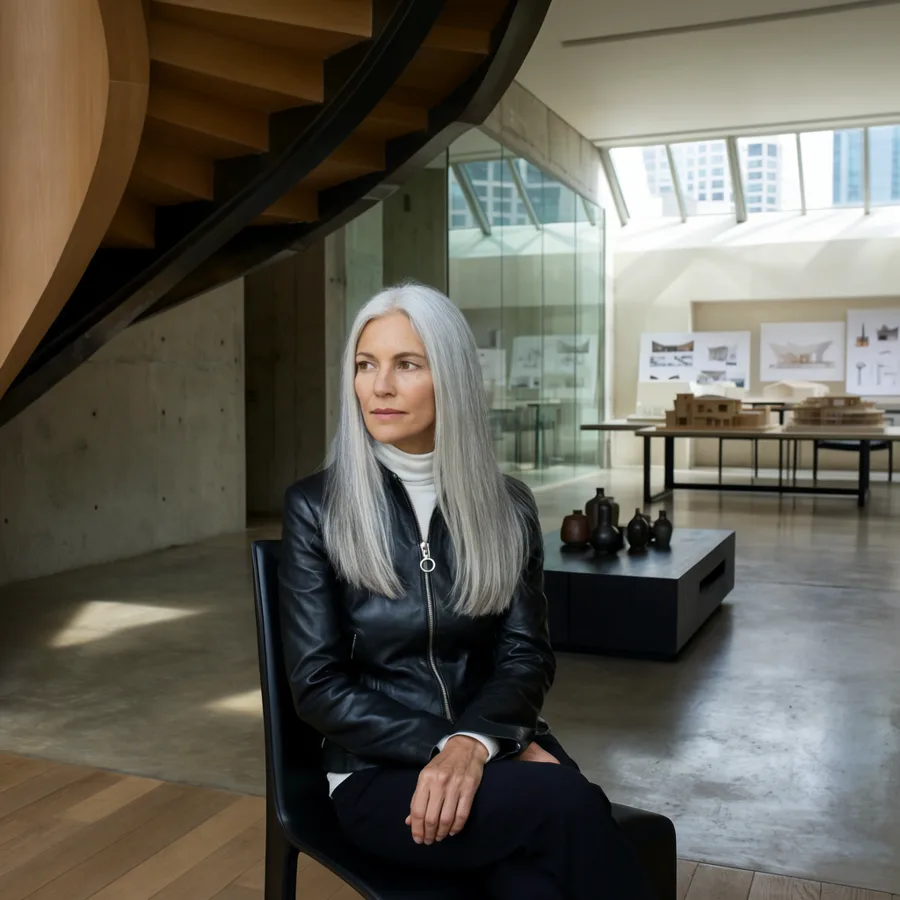 Full-page magazine portrait of a silver-haired architect in her concrete studio, Hasselblad look