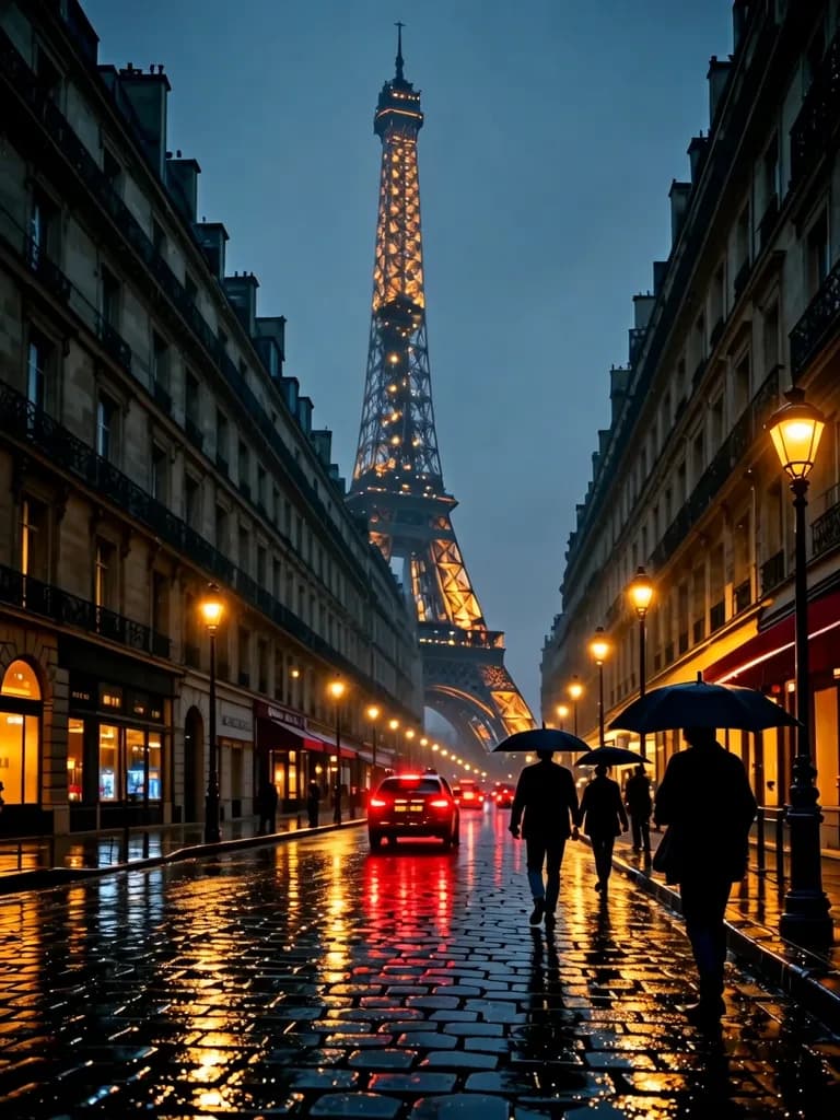 Atmospheric street photograph of a rainy evening in Paris