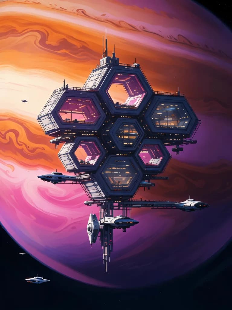 Digital painting of a space station orbiting a gas giant