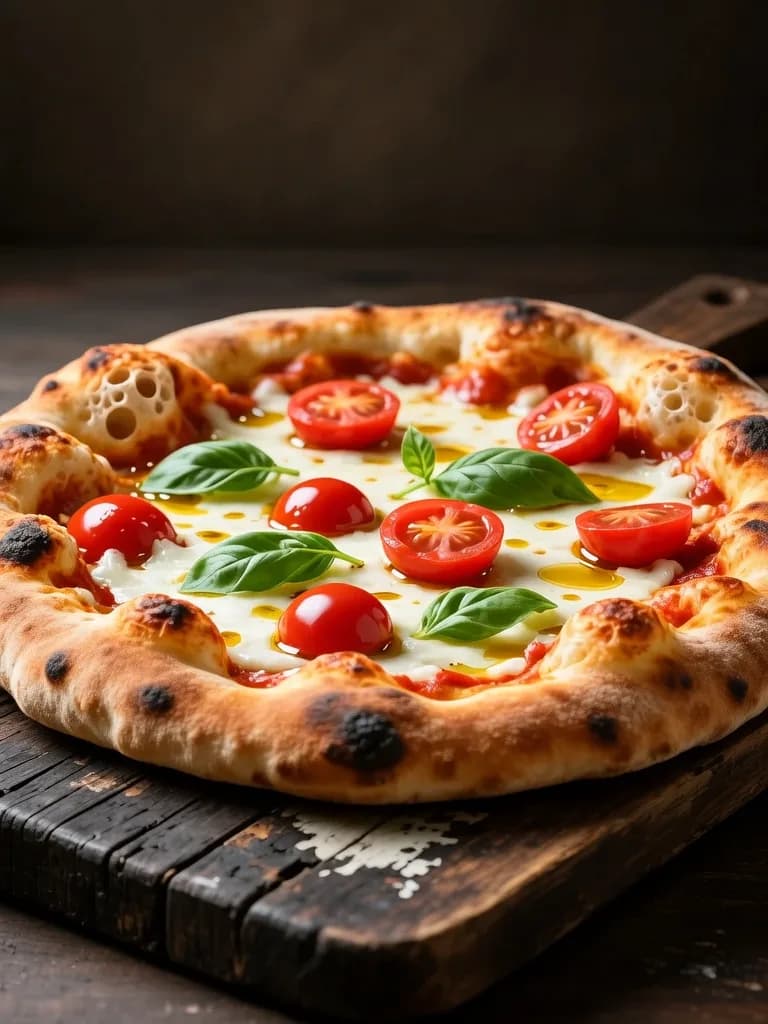 Food photography of a rustic pizza on a wooden board