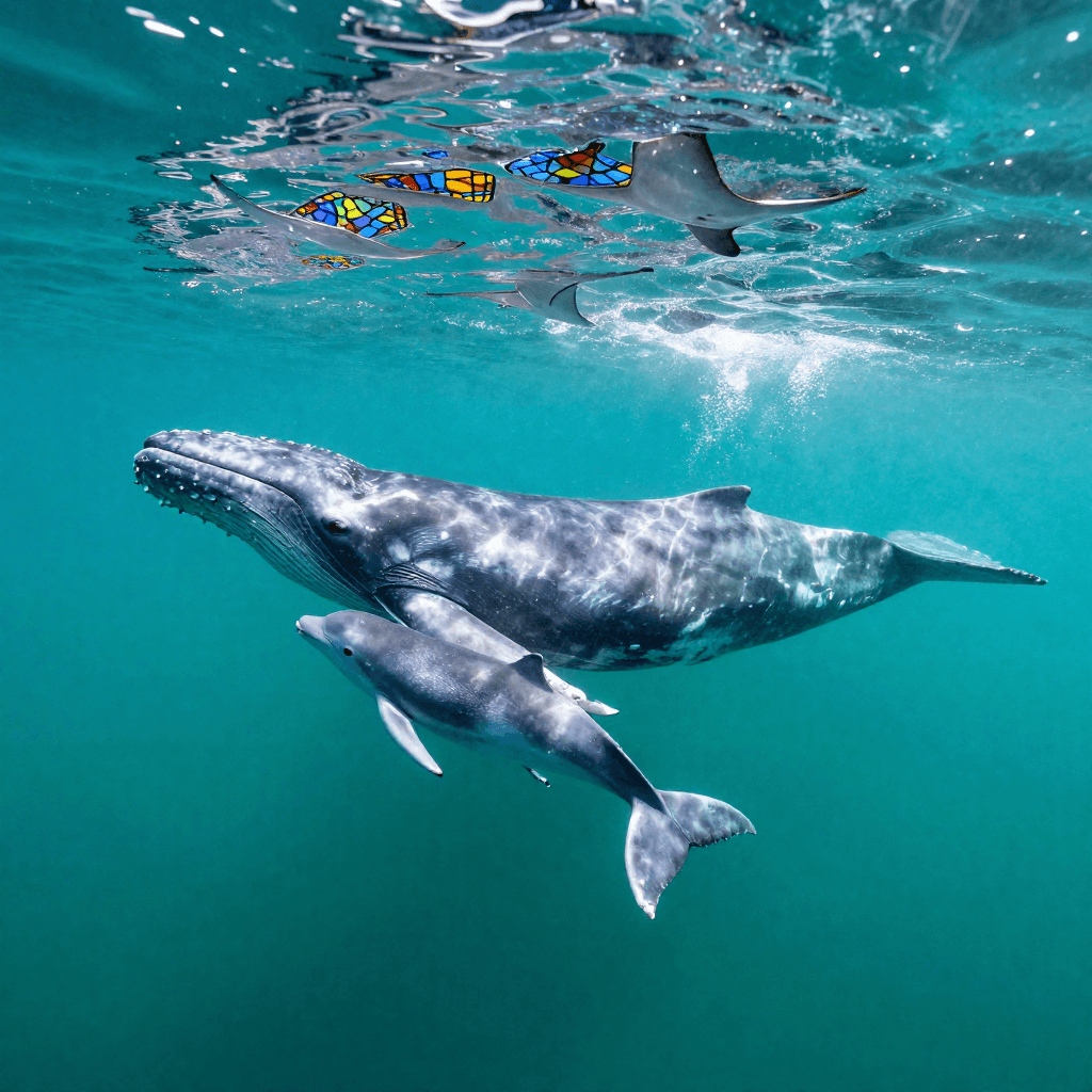 A mother gray whale and calf glide through sunlit turquoise shallows, rays filtering through their world like stained glass in an underwater