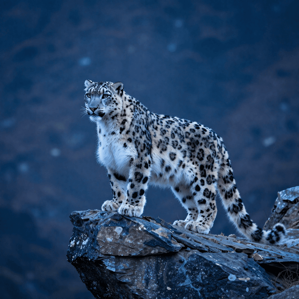 A snow leopard perches on a wind worn ledge above a Himalayan gorge at dusk, fur rendered in pearlescent whites against steel blue shadows, 