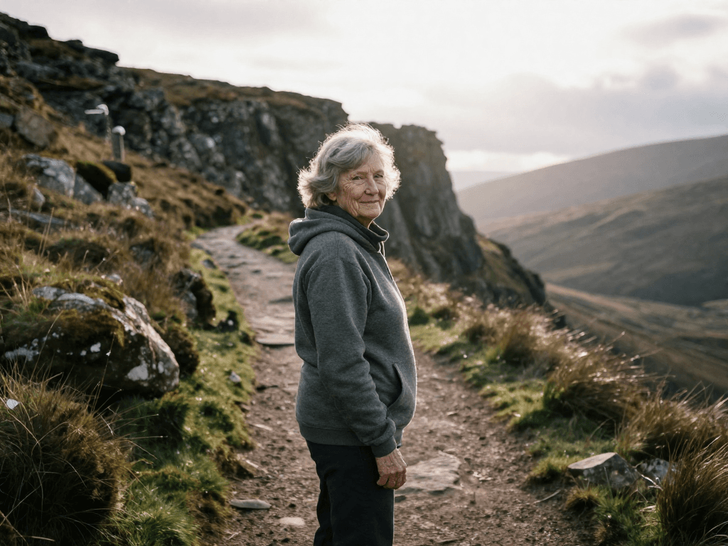A cozy cabin in the mountains during a snowstorm with warm lights inside