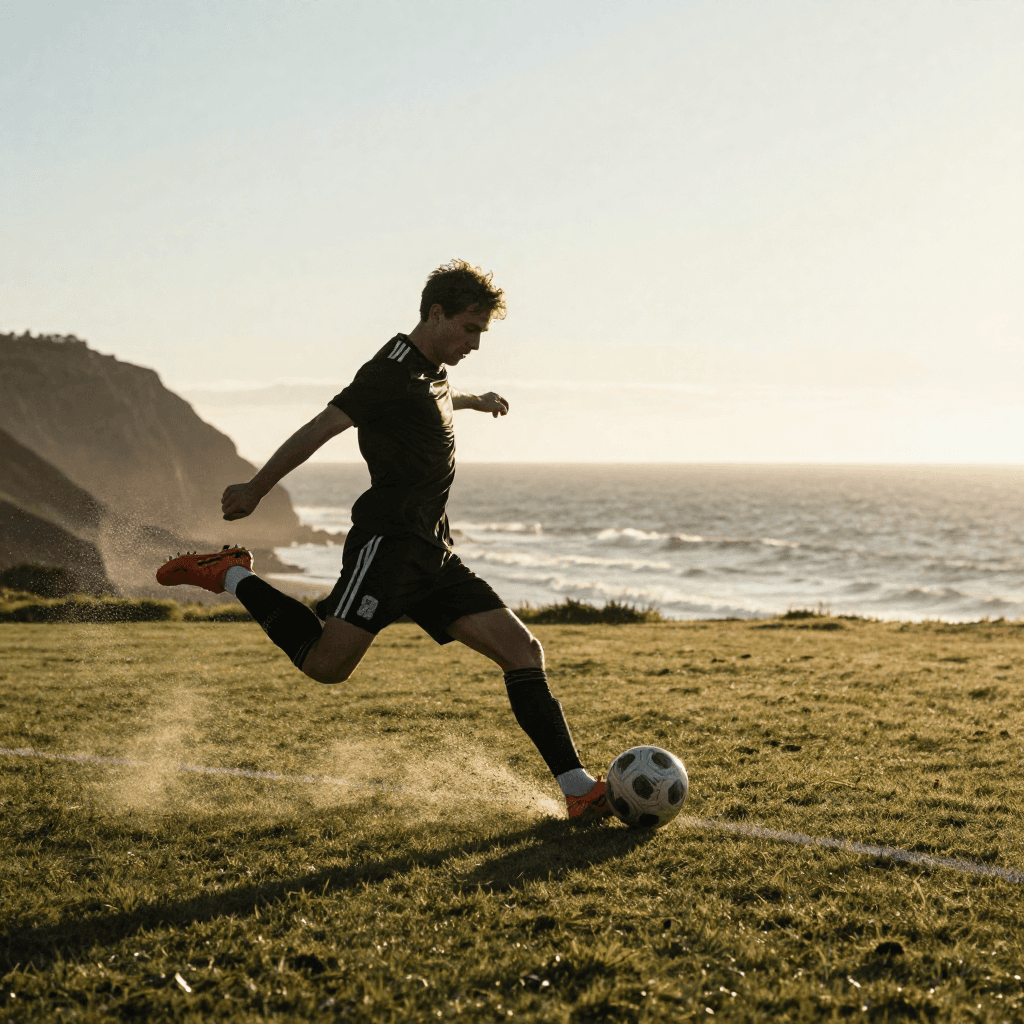 A mid-field soccer player unleashes a powerful drive along a wind-beaten pitch overlooking the Atlantic cliffs of Lisbon at dawn; shot from 