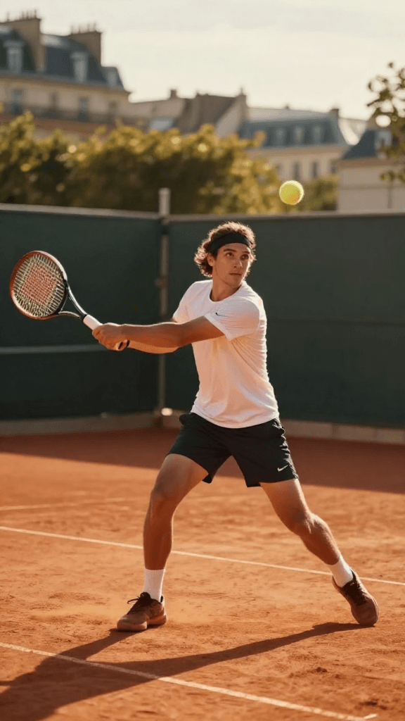 A deft tennis athlete thunders a forehand on a sunlit clay court near the Seine, with Parisian rooftops faintly visible in the background; p