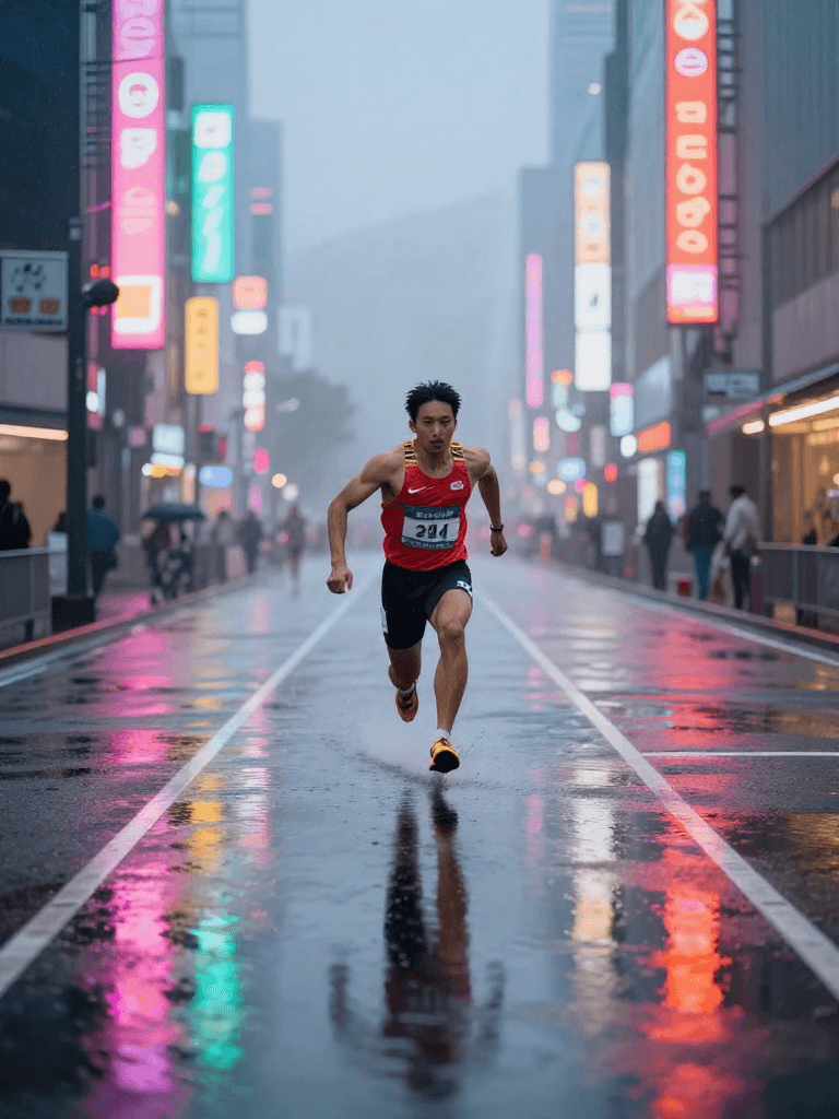 On a misty morning in Tokyo, a track sprinter races along a neon-streaked street turned makeshift track, neon signs reflecting in rain puddl
