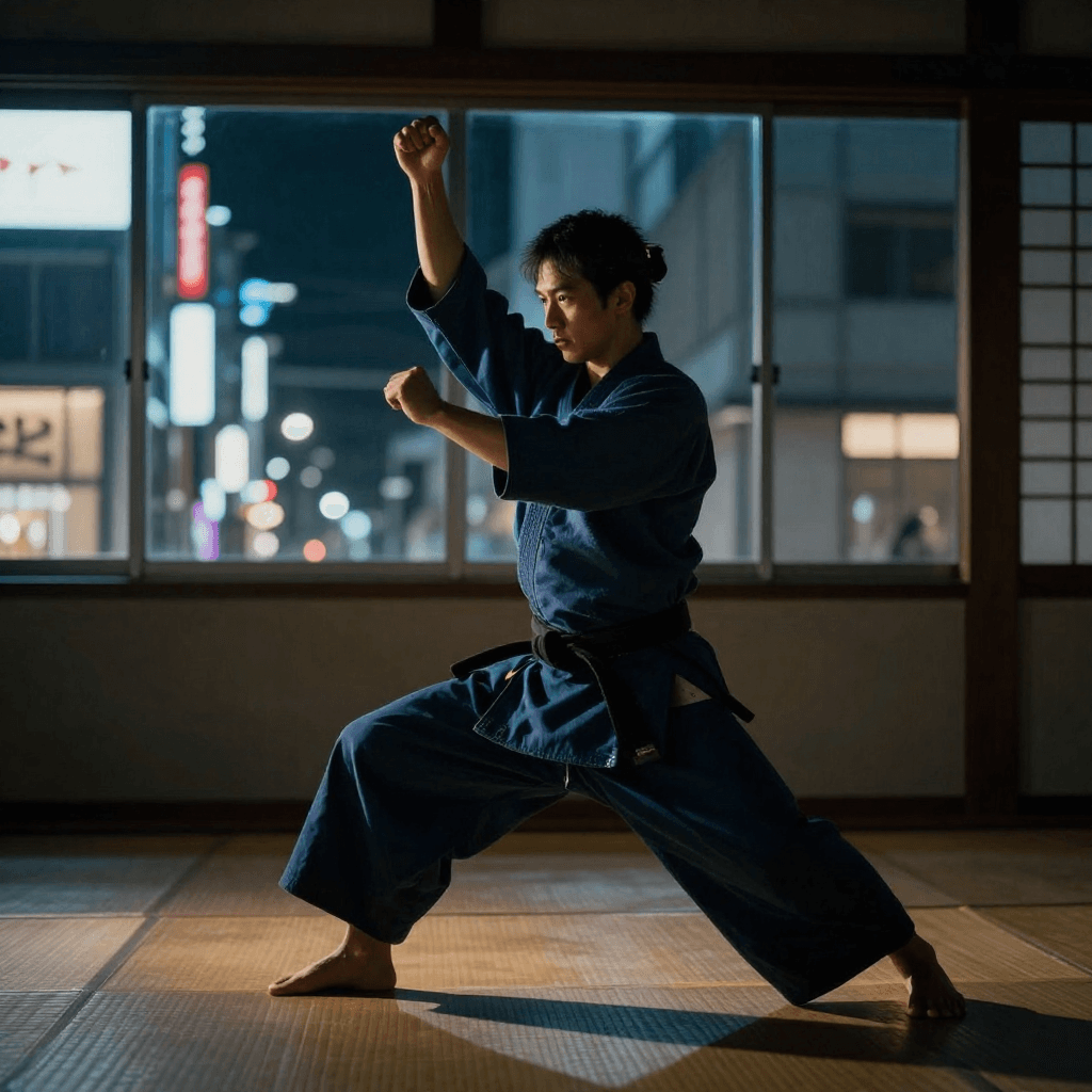 In a neon-lit dojo in Osaka, a martial artist executes a precise kata as city lights spill through the windows; camera at eye level with a 7