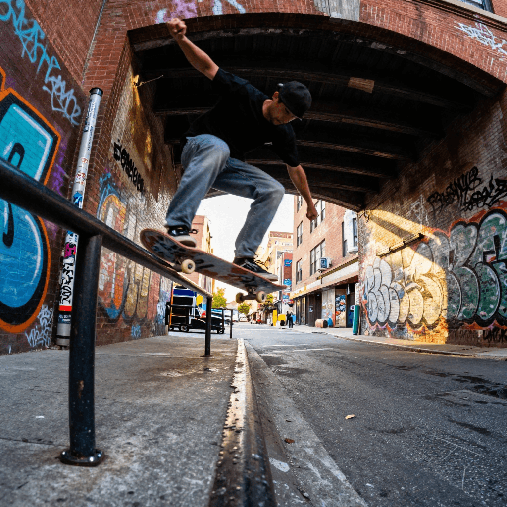 An urban skateboarder carves a rail beneath a sun-dappled graffiti tunnel in Brooklyn, motion blur catching the trick; shot from a low angle