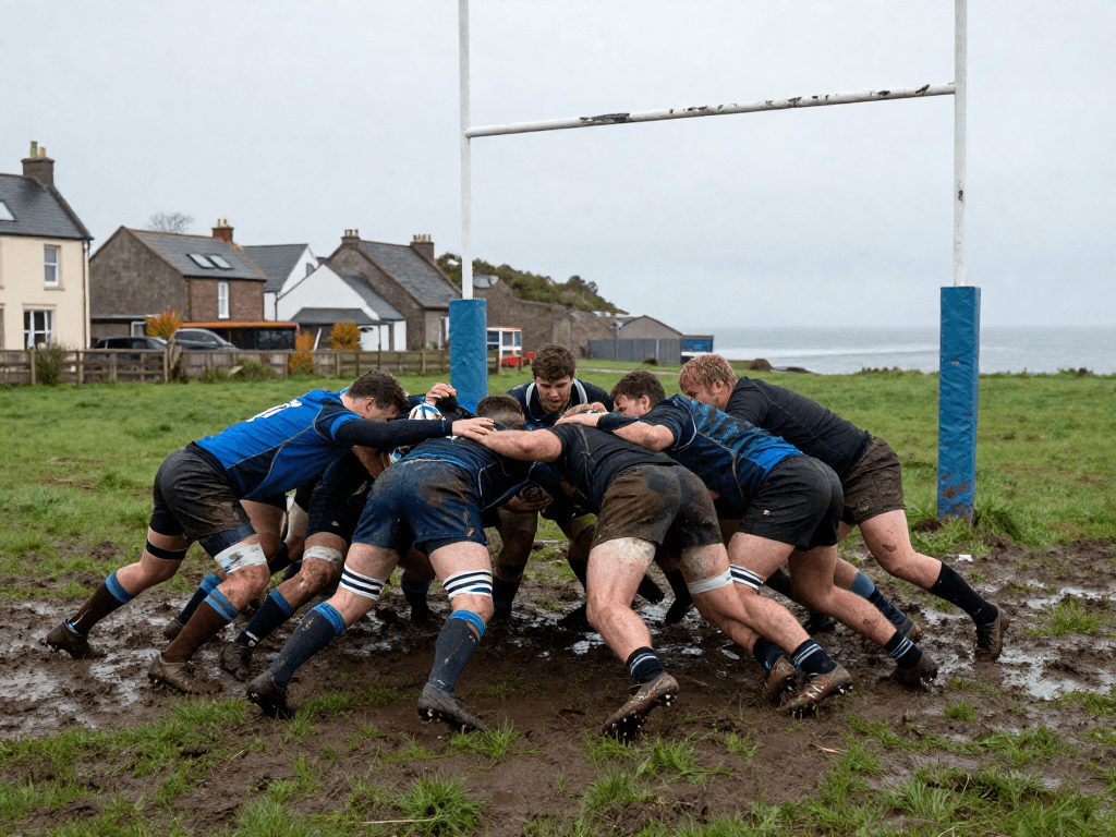 Rugby players practice on a mud-slick field after rain, boots slipping as a scrum pushes toward a battered goalpost. A ground-level, action-