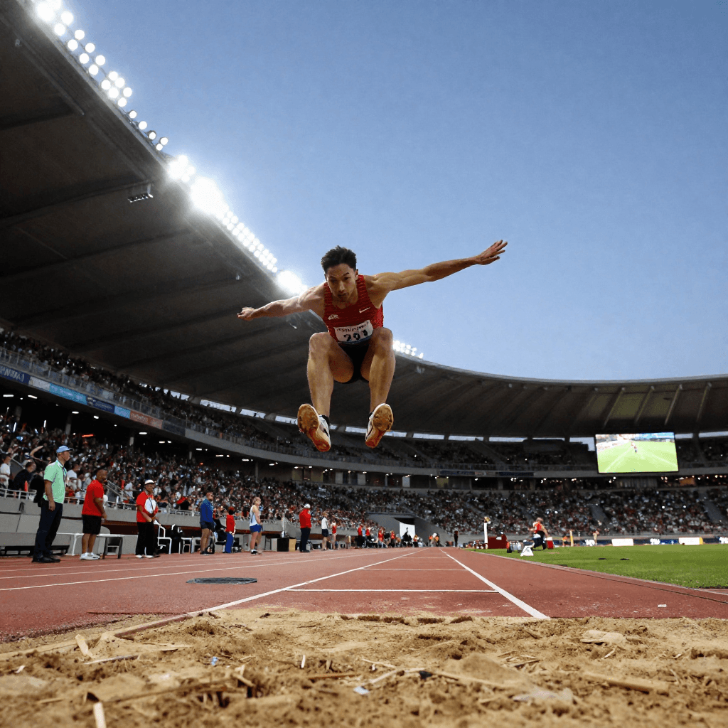 Stadium lights blaze for a track and field long jump at twilight, a lone jumper suspended in the air as the track curves into the distance. 