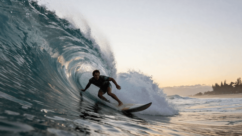 On the Australian Gold Coast at dawn, a surfer carves a curling tube as spray fans toward a pale horizon. A wide 16-35 lens captures the bar