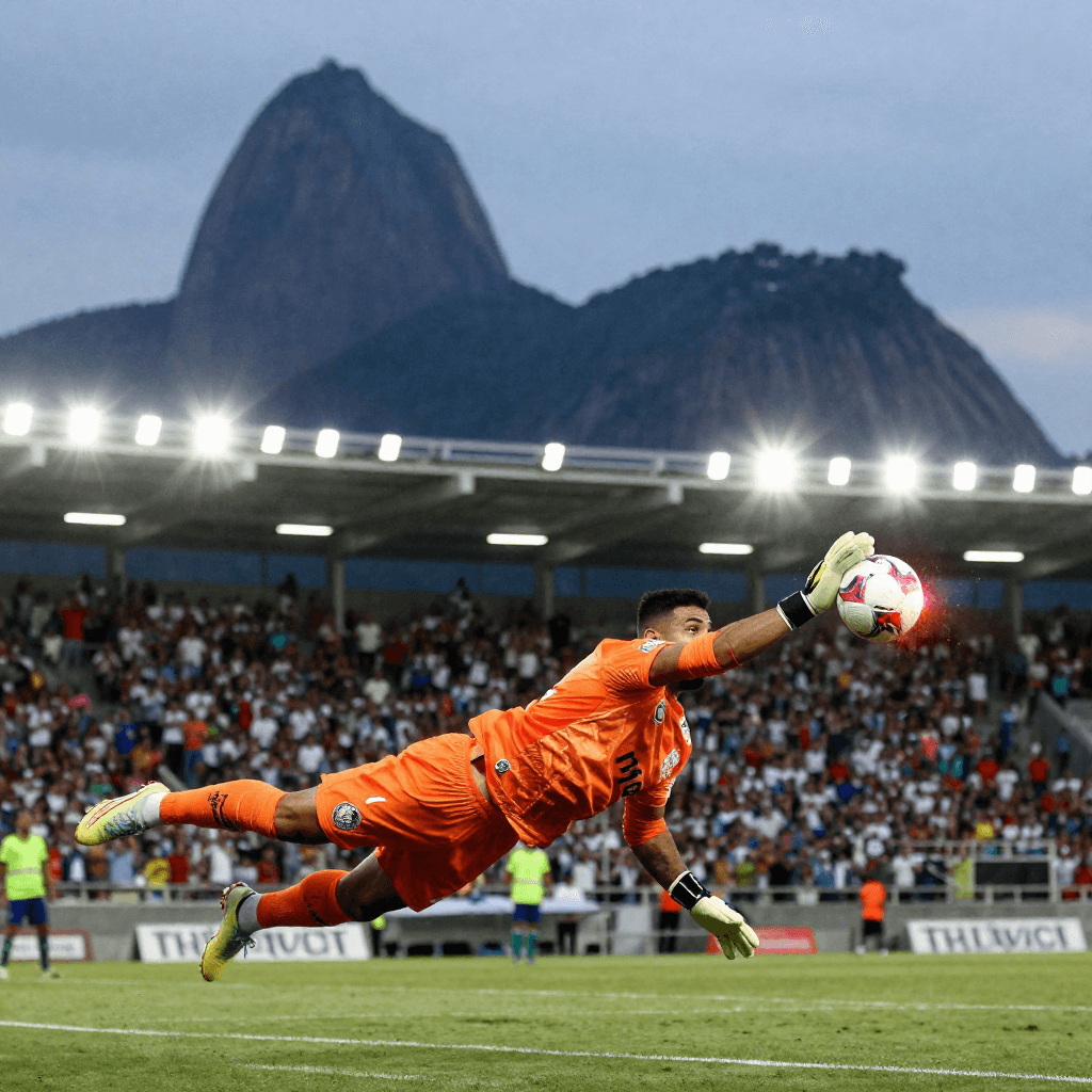 In a crowded seaside stadium in Rio de Janeiro at dusk, a fearless goalkeeper dives full stretch to palm a blazing shot. The frame tightens 