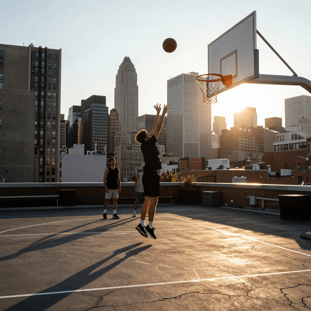 A rooftop basketball game erupts at golden hour on a New York City rooftop, a player launching a high alley-oop against a jagged skyline. Th
