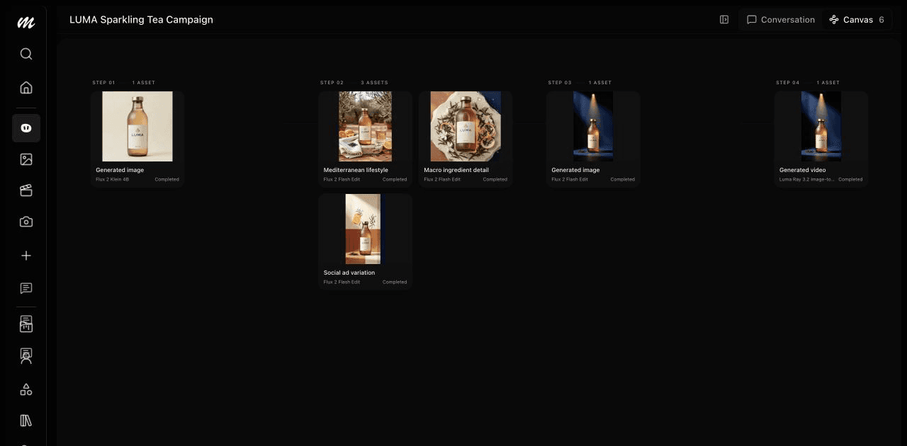 A completed LUMA campaign in the Morphed Agent workspace with image variations and a generated product video